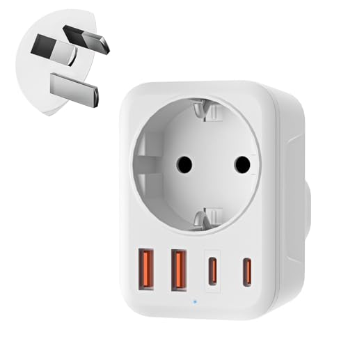 Denlane Adapter Australien, 5 in 1 Reiseadapter Australien mit 1 AC & 2 USB-C & 2 USB-A(3.4A), Adapter China Neuseeland Deutschland Stecker, Adapter Argentinien Fidschi, Reisestecker Typ I