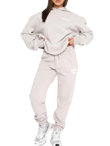 Generisch 2-teiliges Outfit: Hoodie und Trainingshose mit Buchstaben-Print, Zweiteiliges Sportswear-Sweatshirt für Damen WEISSER Fox (Hellgrau,M)