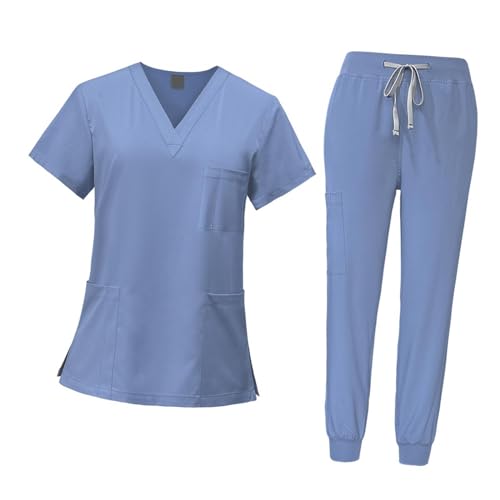 Harilla Peeling-Set für Frauen, Krankenschwester-Arbeitskleidung -Ausschnitt, professionelles maschinenwaschbares Oberteil und Jogginghose, Hellblau, m