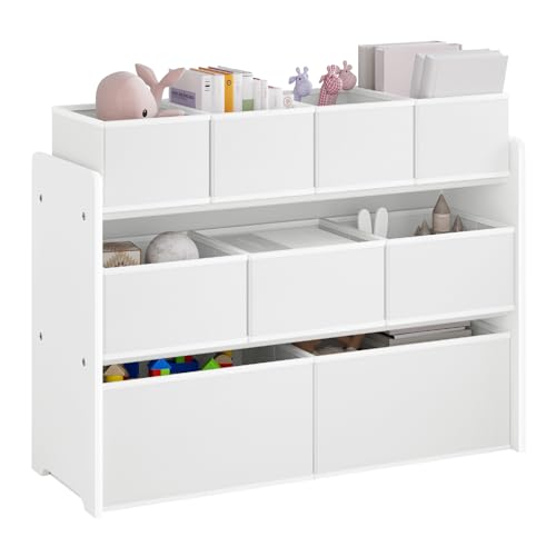 Lestarain Kinderzimmerregal mit 9 Aufbewahrungsboxen, Spielzeug-Organizer, Regal Kinderzimmer Spielzimmer, Kinderregal, Spielzeugregal, 92x60/68x30 cm, Weiß