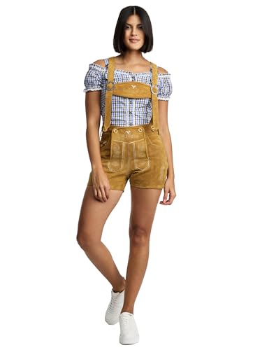 STEIGENHÖFER Kurze Trachtenlederhose im Hotpants-Stil für Damen mit passenden Trägern, echtes Veloursleder in 3 Farben, Gr. 34-48, Farbe: Hellbraun, Größe: 42