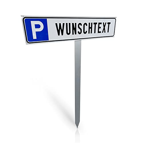 Betriebsausstattung24 Individuelles Parkplatzschild mit Einschlagpfosten - Parkplatzkennzeichnung mit Wunschtext - Pfosten zum Einstecken - Aluminium - 52x11 cm