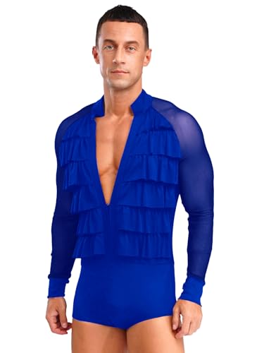Fldy Herren Latein Tanz Hemd Langarm Rüschen Mesh Patchwork Body Einteiler Jazz Ballsaal Tanzkostüm Leotard Blau XL