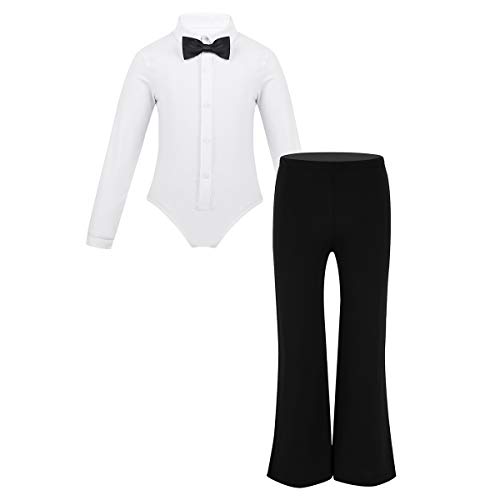 inhzoy Kinder Jungen Bekleidungsset Anzug Set Langarm Hemdbody Hose Krawatte Tanz Kostüm Latin Jazz Tanzwettbewerb Weiß 128/8 Jahre