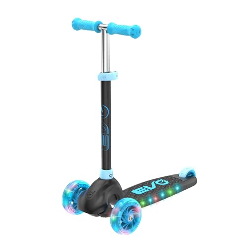 EVO Eclipse Leuchtender Tretroller mit 3 Rädern für Kinder im Alter von 3-12 Jahren | Verstellbarer Lenker Push Ride-On mit LED-Rädern | Faltbarer Roller für Jungen & Mädchen - Blau
