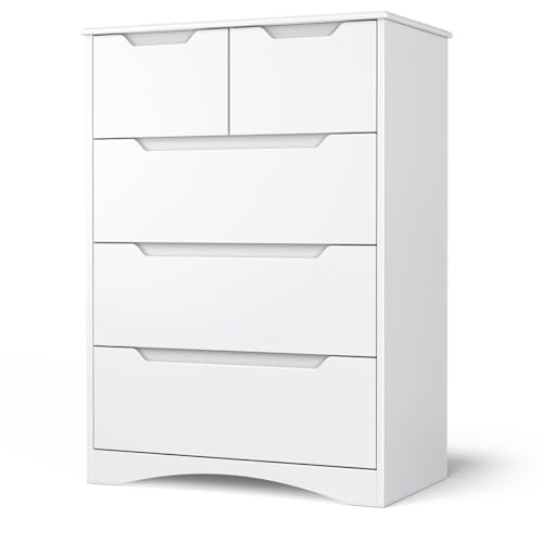 Bealife Kommode weiß, Schlafzimmerkommode mit 5 geräumigen Schublade für Flur Büro Schlafzimmer Wohnzimmer
