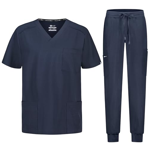 B-well Matteo Herren-Schrubb-Set Schlupfkasack + Jogger Hose Set Medizin Arzt Uniform Medizinische Berufsbekleidung mit Elastan (DE/NL/SE/PL, Alphanumerisch, L, Regular, Regular, Grau)