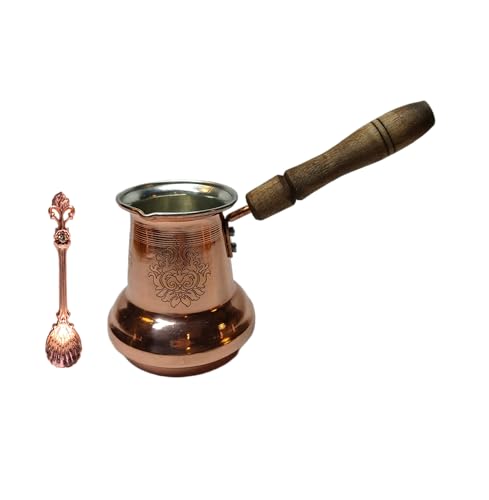 Leo Design Türkische Kaffeekanne, 5 Größen, Kaffeemaschine, griechisch-arabischer Kaffee-Herd, dick, 3 mm, massiv, gehämmert, handgefertigt, graviertes Kupfer, Cezve Ibrik Briki mit Holz-/Messinggriff