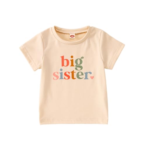 Big Sister Shirt Baby Ankündigung für Mädchen Outfits Große Schwester T-Shirt Sommer Kurzarm Tops Befördert zu Big Sister Tees Süßes Rundhals Shirts Baumwolle Hemd（Apricot,4-5Jahre）