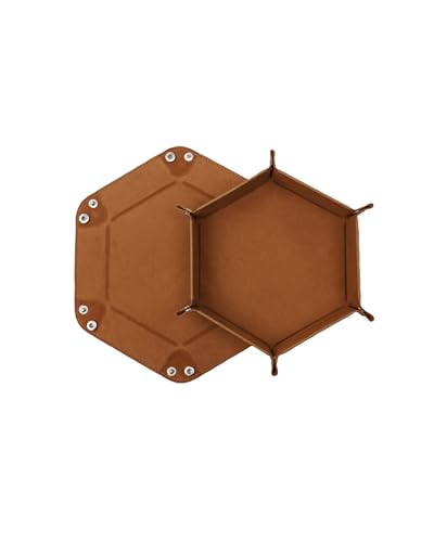Würfelteller, Würfeltablett Klappbar Hexagon PU Leder Samt Halter für Dungeons and Dragons RPG Spiele - Faltbares Sechseck-Würfelspiel-Tablett mit Aufbewahrungsbox (Braun)