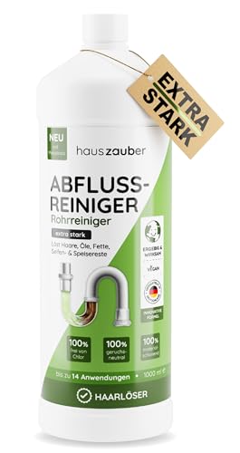 hauszauber® - Abflussreiniger [EXTRA STARK] 1000 ml - Löst Speisereste, Öle, Fette & Haare - Profi Rohrreiniger für Badewanne, Waschbecken, Dusche, Siphon, Bad und Küche - Abflussfrei & Haarweg