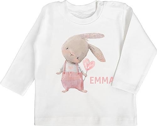 Baby Langarmshirt - Süßer Hase Mädchen mit Name personalisiert I Häschen I Rabbit I Langohr I Süße Hasen - 6/12 Monate - Weiß - Oster Babykleidung personalisiertes Baby-Geschenk hasenmotiv