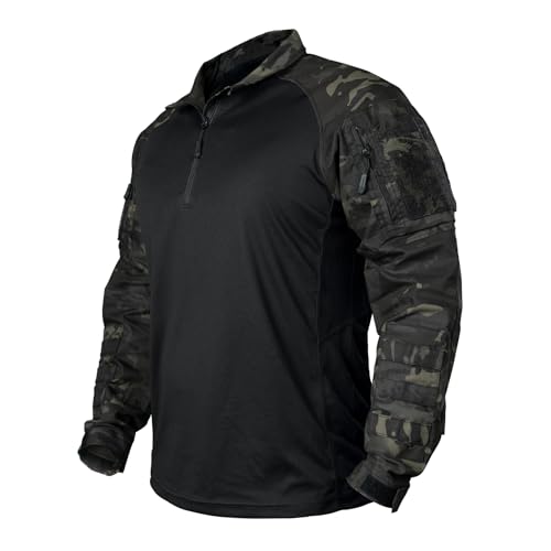 IDOGEAR Kampfhemden Taktisches Langarmhemd mit Ellbogenschützern Militär BDU Hemden mit Taschen Airsoft Kleidung (camo Black,Large)