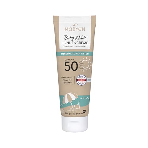 MABYEN Sonnencreme Baby & Kids LSF 50 100ml | hoher Sonnenschutz - mineralischer Filter - zertifizierte Naturkosmetik - Cosmos, vegan, parfümfrei, wasserfest.