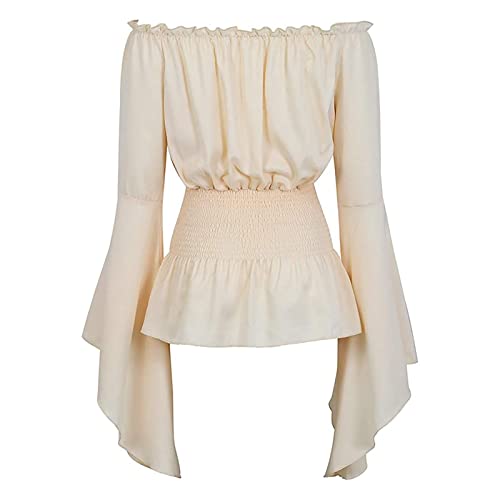 2025 - Damen Elegantes Top Langarm Boho Blusen Top Plus Size Shirt Gothic Rüschen Piratenrock Shirt Cosplay Kostüm Top Norwegerpullover Damen (Beige, M)