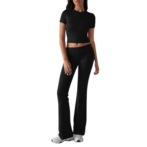Generisch Damen Trainingsanzug Sommer Jogginganzug Yoga Sportanzug Bequem Zweiteiler Passform Freizeitanzug Slim Fit Hausanzug Einfarbig Crop Tops Hosen 2 Teilig Lounge Sets (A08 Black,S)