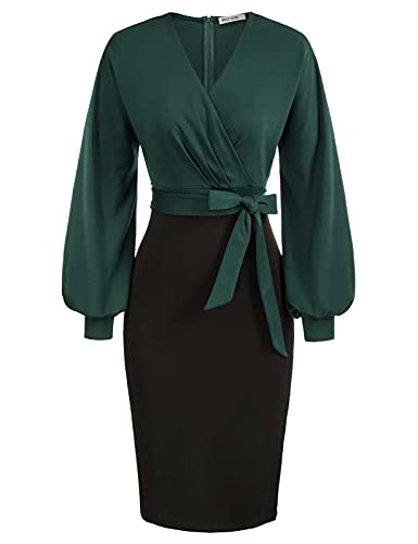 GRACE KARIN Damen Abendkleid Arbeit Bodycon Hochzeit Gast Büro Kleider V-Ausschnitt Langarm Bleistiftkleid mit Gürtel XL Dunkelgrün-schwarz CL0761S21-01