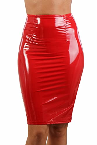MISS NOIR Damen Röcke Wetlook Vinyl Bodycon Clubwear Knielänge Party Lack Rock (Rot (194661-RD), L)