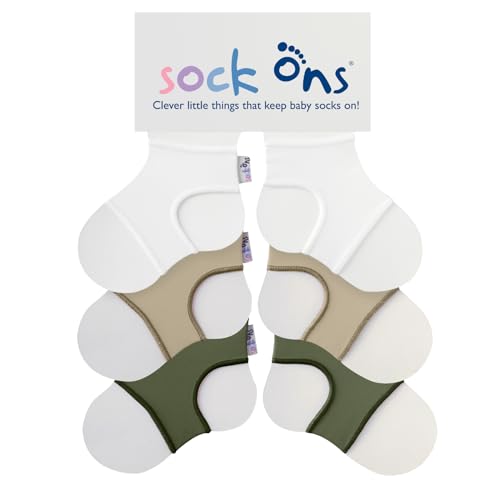 Sock Ons - Baby-Sockenhalter - 0-6 Months - 3er Pack - Oatmeal, Olive & White, Amazing Value Pack - Erstaunliches Vorteilspaket - Baby-Socken immer anziehen!