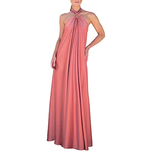 QWUVEDS Damen Sommer Langes Formales Satinkleid Neckholder Ärmellos Seitenschlitz Fließendes Langes Trägerkleid Kleider Schwangerschaft (Orange, L)