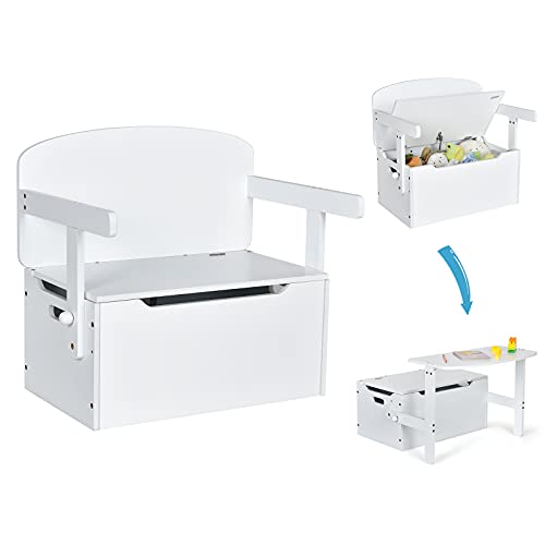 COSTWAY 3 in 1 Kindertisch mit Sitzbank, Kindersitzgruppe aus Holz mit Stauraum & Decke, Spielzeugkiste Aktivitätstisch für Kinder von 3 bis 7 Jahren, 60 x 34 x 57cm (Weiß)