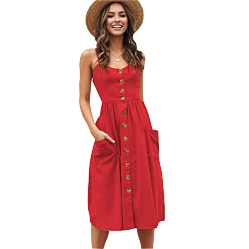 Damen Sommerkleider ÄRmellos V-Ausschnitt Button-Down Casual Pocket Swing Kurzes Kleid Minikleid (4XL,Rot 3)