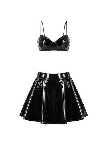 inhzoy Frauen Lack Leder Latex Outfit Wetlook Rock Crop Tank Top Set Damen Gogo Outfit Sexy Wetlook Bra Mini Faltenrock Skaterrock Set Schwarz_A S