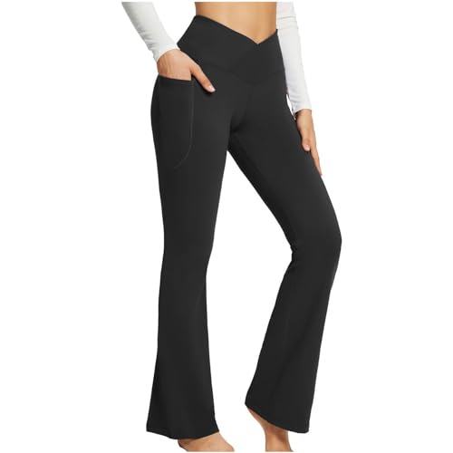 BSLVWG Bootcut Yoga Hose mit Taschen für Frauen Sporthose Hohe Taille Crossover Workout Bootleg Bauchkontrolle Arbeitshose (DE/NL/SE/PL, Bundweite, S, Slim, Regular, Schwarz)