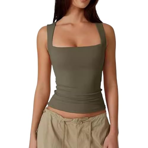 Damen-T-Shirt, quadratischer Ausschnitt, ärmellos, doppellagig, Skinny T-Shirt, armee-grün, XL