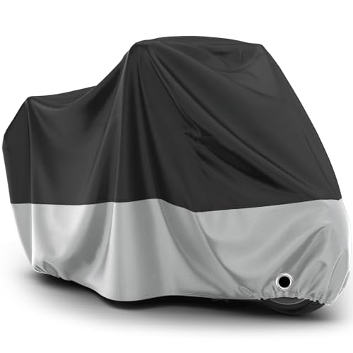 Favoto Motorrad Abdeckplane Outdoor Wasserdicht - Motorradabdeckung XL Staubdicht UV-Schutz mit Schlossloch Winddichte Schnalle Polyester Schwarz Silber 220cmx105cmx125cm