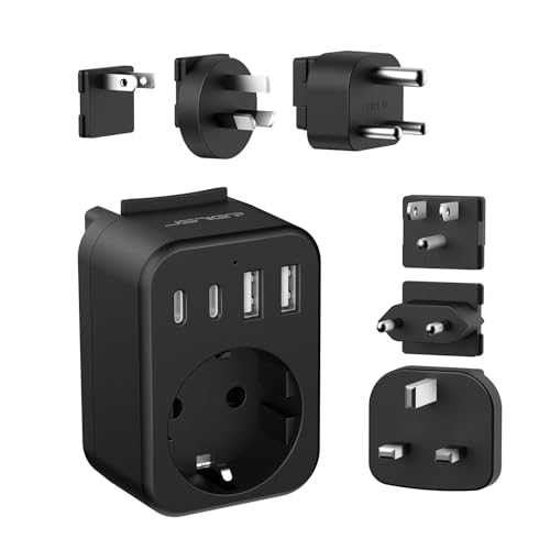 JSVER Reiseadapter Weltweit Set,Internationaler Reisestecker Adapter mit USB C, Typ A/C/G/B/I/M Stecker Steckdosenadapter mit 4 USB Reiseadapter für USA/Europa/UK/Südafrika/Japan/China/AUS(Schwarz)