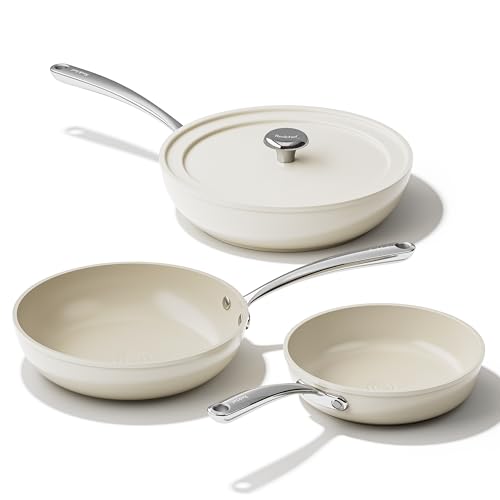 Redchef Pfannenset 4PCS Keramik Aluminium Bratpfannen, Antihaft Keramik-beschichtet Pfannen Induktion 20/24/28 cm für alle Herdarten, PTFE-frei PFAS-frei PFOA-frei, Backofenfest (Beige)