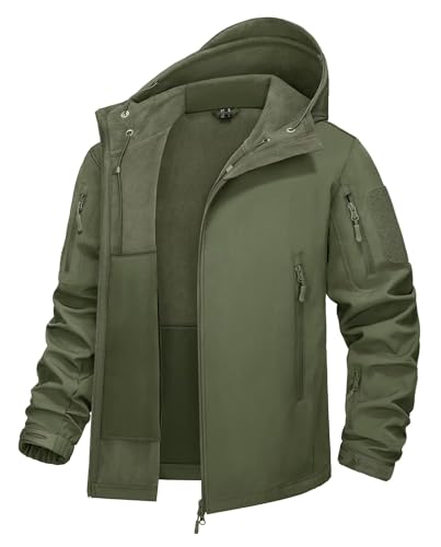KEFITEVD Angeljacke Herren Winter Viele Taschen Wasserdicht Softshelljacke Winter Militär Jacke Softshell Arbeitsjacke mit Kapuze Übergangsjacke Männer Armeegrün 2XL