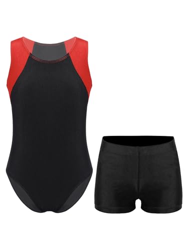 iEFiEL Jungen Turnanzug Tanzbekleidung Set Zweiteiler Gymnastikanzug Ärmellose Tanztrikot Leotard und Sport Shorts Rot schwarz 122-128