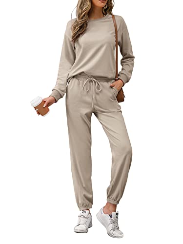 REORIA Damen Tracksuit Langarm Rundhalsausschnitt Einfarbig Zweiteiler Outfit Hoodie Jogger Trainingsanzug Set Sweatshirt & Jogginghose Khaki M