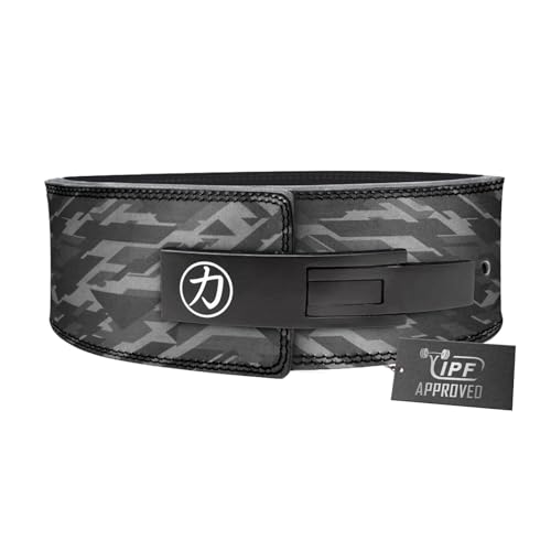 Strength Shop 10mm IPF Lever Belt Gewichthebergürtel + Hebelschnalle aus Stahl, Gr. L (Dark-Camouflage), Robuster & langlebiger Lifting Belt schützt u. stabilisiert Rumpf & Wirbelsäule im Training