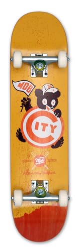Mob Skateboard Ballpark Mini 7.25 Complete - Komplettboard 29 x 7.25 Zoll - Holzboard aus 7 Schichten Ahornholz - fertig montiert - Einsteiger Skateboard für Kinder mit City Logo - Gelb und Orange