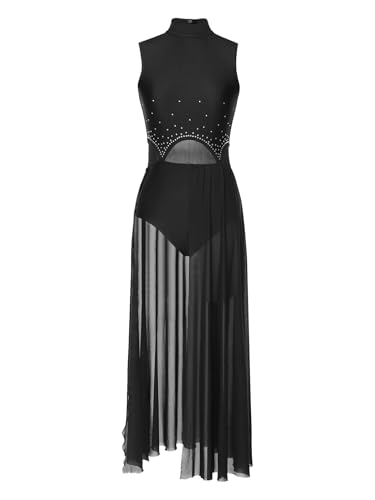 Miutii Damen Lyrisch Tanzkleid Glitzer Ballettkleid Ärmellos Ballett Trikot mit Asymmetrisch Rock Modern Contemporary Tanzkostüm Bühnenanzug S-XXL Schwarz S