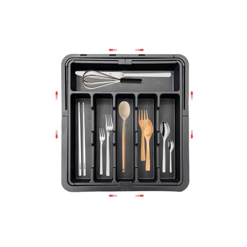 hssopa 2025 Besteckkasten,Schubladen Organizer,Besteckkasten für Schubladen,Küchen Organizer,Verstellbarer Besteckkasten Erweiterbar auf 56 cm Breite (schwarz, keine messerblock)