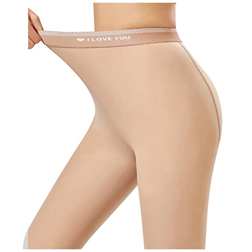 2025 - Warme, undurchsichtige, mit Fleece gefütterte Strumpfhose für Damen, hohe Taille, elastische, Dicke Thermostrumpfhose Leggings in Lederoptik Damen (Khaki, One Size)