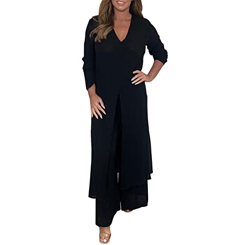 2025 Damen Casual Fashion Chiffon Langarmhose Zweiteiler Damen 2 Teiler Elegant (Black, L)