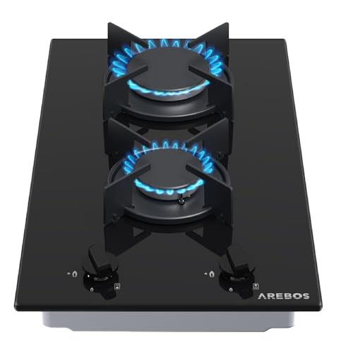 Arebos Gaskochfeld 2 Flammig | Glaskeramik Gasherd mit automatischem Flammenschutz | ERD- oder Propangas | Gaskocher Autark, effizient und energiesparend