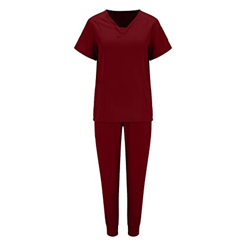 rtdgcv Damen Sportanzug Set Top Gerippt Einfarbiges Damen-T-Shirt mit Tasche und V-Ausschnitt, einfarbig, Damen, neuer Sportklinik-Overall Faschingskostüm Partnerlook Damen Workout Set (Red, M)
