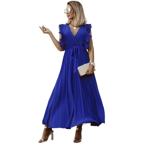 HEYPORK Damen Frühling Sommer Kleider Bequem Lässig Kleid Mode Elegant Röcke Frauen Temperament Langes Kleid Geraffte Ärmel Chiffon Faltenrock Feste Farbe Kleider(Blau, 2XL)
