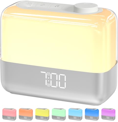 MeesMeek Sonnenaufgangswecker für Schlafzimmer: Wecklicht, RGB Nachtlicht, 9-Min Schlummer, 6 natürliche Klänge, 7 Lautstärken, wiederaufladbare Batterie, 2 laute Alarme für Schwerschläfer (Silber)