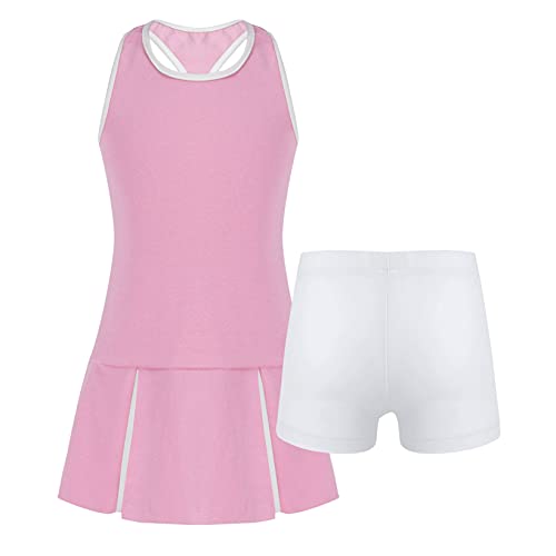 Aiihoo Mädchen Sport Kleidung Set Ärmellos Racerback Tennis Kleider Mit Shorts Fitness Workout Yoga Running Outfit Tennisanzug Sportanzug Rosa A 134-140