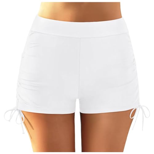Generisch Women Plus Size High Waist Bikini Swim Briefs Beach Ruched High Cut Full Coverage Swimsuit Sports Yoga Shorts Swimbottom Ausschnitt Badehose Kordelzug Strandshorts (White, M)