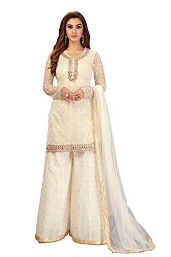 TRENDMALLS Damen Baumwoll-Stickerei Kurta Sharara Anzug-Set, Cremefarben, 42