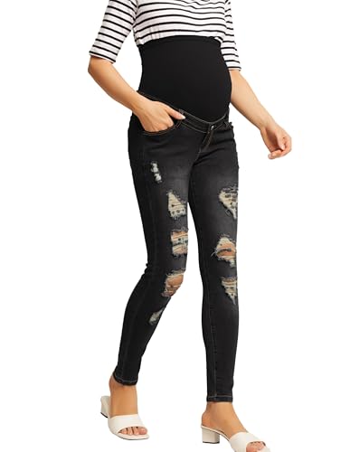 Maacie Umstands Hochelastischer Baumwoll-Denim Jeans Umstandshosen Jeans Hoch Tailliert für Schwangere Schwarz M