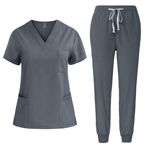 EMATOP tagesangebote heute Medizinische Uniform Set Damen Medical Schrubb-Set Zweiteiler Business Kasack und Hose Outfit Einfarbig Pflege Berufsbekleidung 2-Teilige Arbeitskleidung